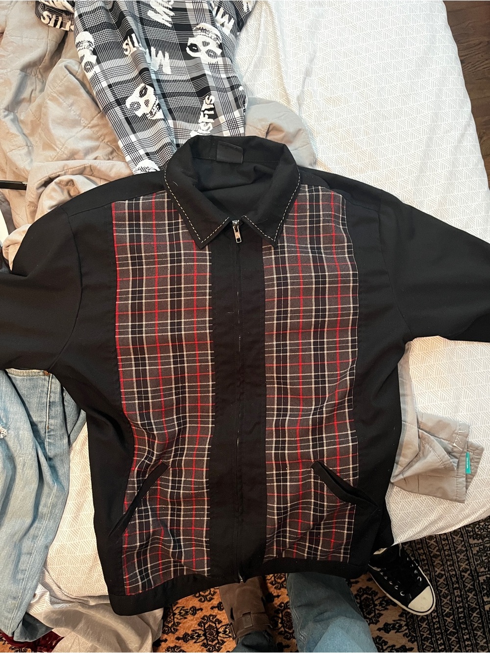 Black Jacket with Red & Gray Plaid Front Panels